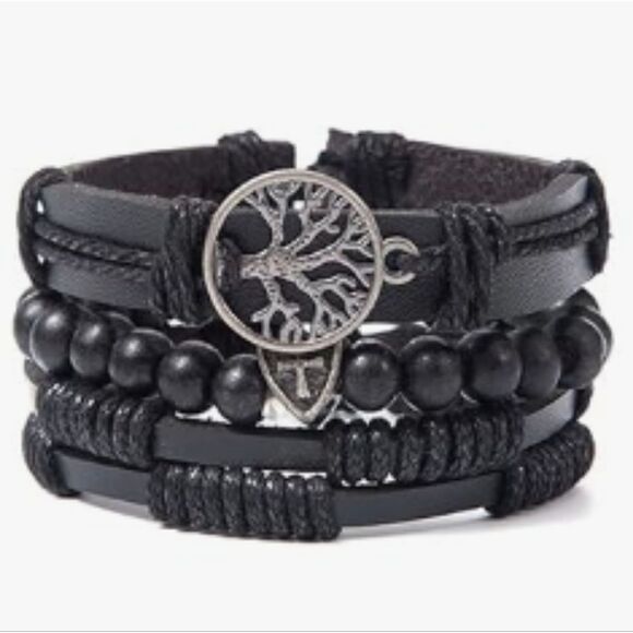 Men's leather bracelets set layered Beaded Tree of life black new e52 - Picture 1 of 1
